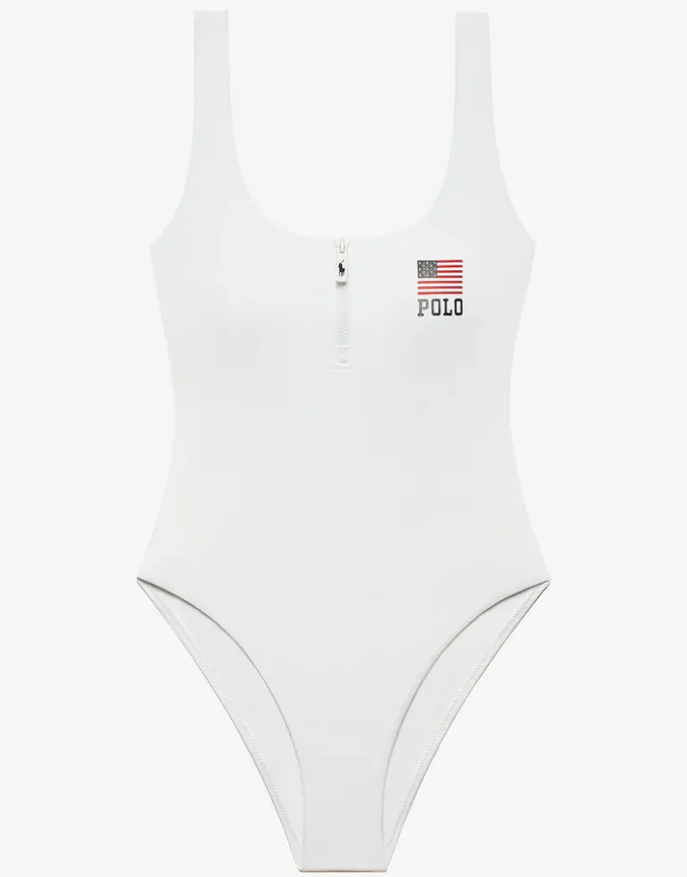 Americana Zipper Scoop Tank Swimsuit - White