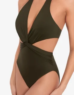Beach Club Solids Cut Out Halter Swimsuit - Olive
