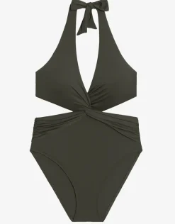 Beach Club Solids Cut Out Halter Swimsuit - Olive