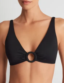 Beach Club Solids Macrame Ring OTS Bikini Top - Black