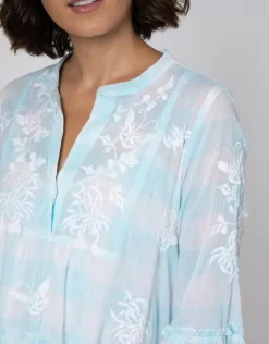 Butterfly Gingham Flared Sleeve Dress - Blue