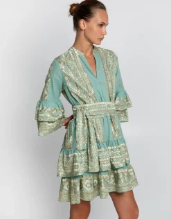 Classic Triangle Layered Mini Dress with Sash - Sea Green and Gold