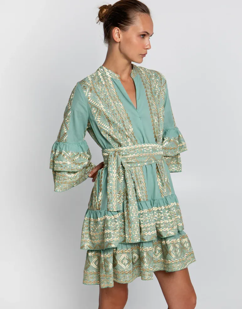 Classic Triangle Layered Mini Dress with Sash - Sea Green and Gold