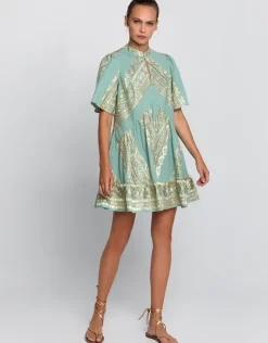 Classic Triangle Oriental Style Mini Dress - Sea Green and Gold