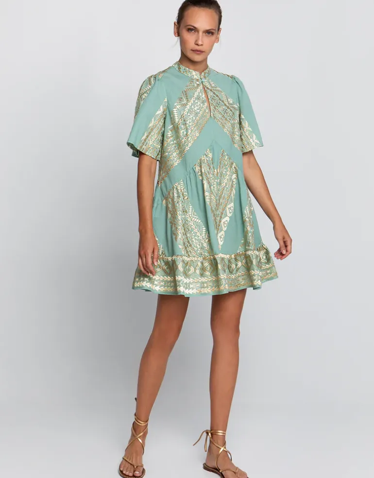 Classic Triangle Oriental Style Mini Dress - Sea Green and Gold