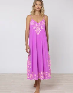 Cotton V-Neck Slip Dress with Butterfly Embroidery - Violet and Neon Peach