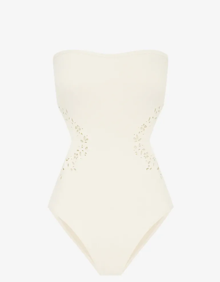 Creme Memoir Embroidered Strapless Swimsuit - White