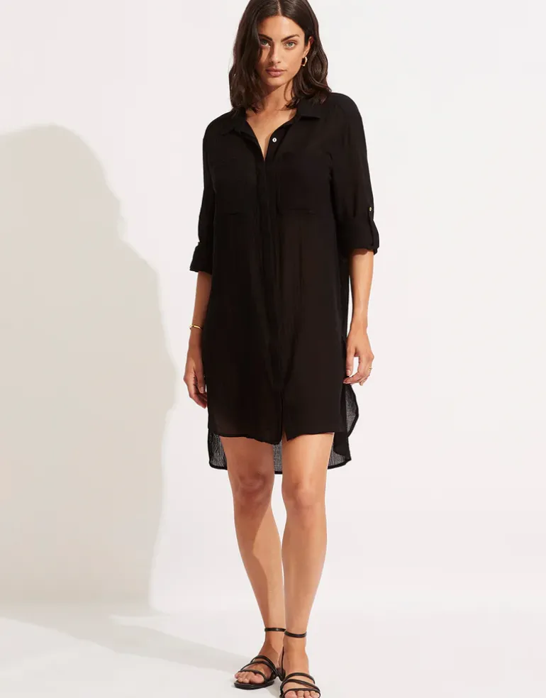 Crinkle Twill Beach Shirt - Black