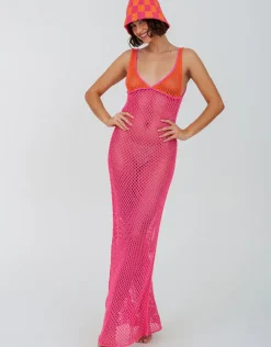 Crochet Colourblock Siren Dress - Hot Pink