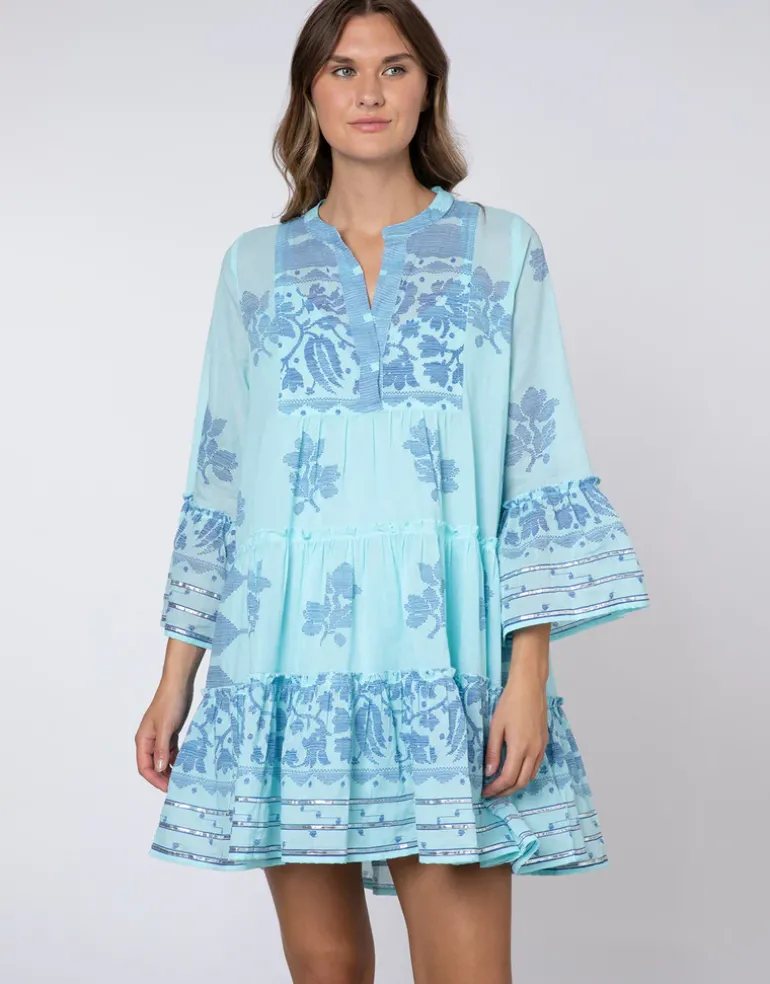 Dhaka Print Flared Sleeve Dress - Blue and Royal Blue