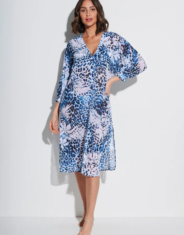 Ethnic Palm Midi Beach Shirt - Blue