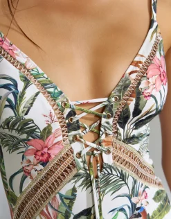 Exotic Dive Lace Up Plunge Swimsuit - Retro Tropics