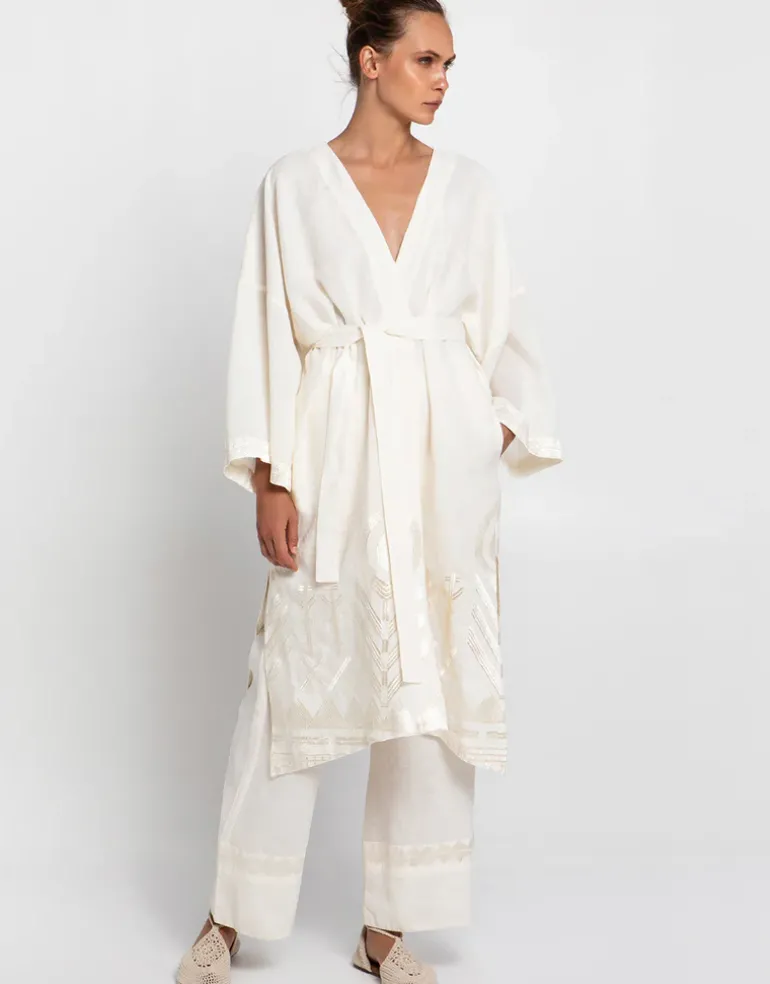 Feather Midi Kimono - Natural and Champagne