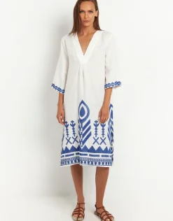 Feathers V Neck Midi Kaftan - White and Blue