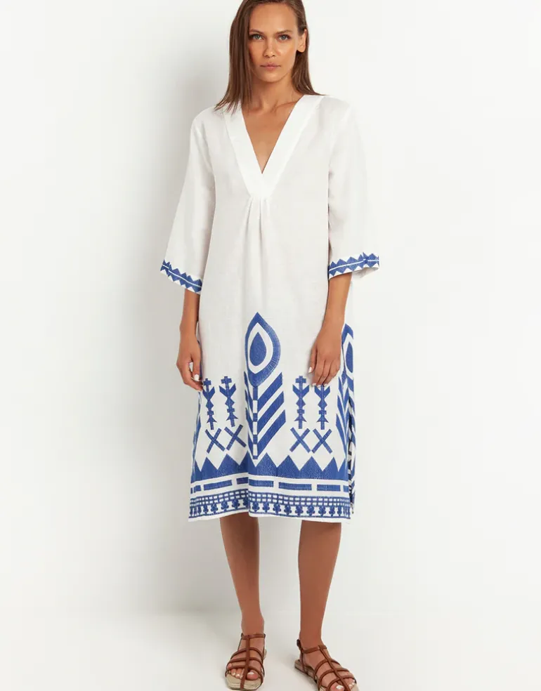Feathers V Neck Midi Kaftan - White and Blue
