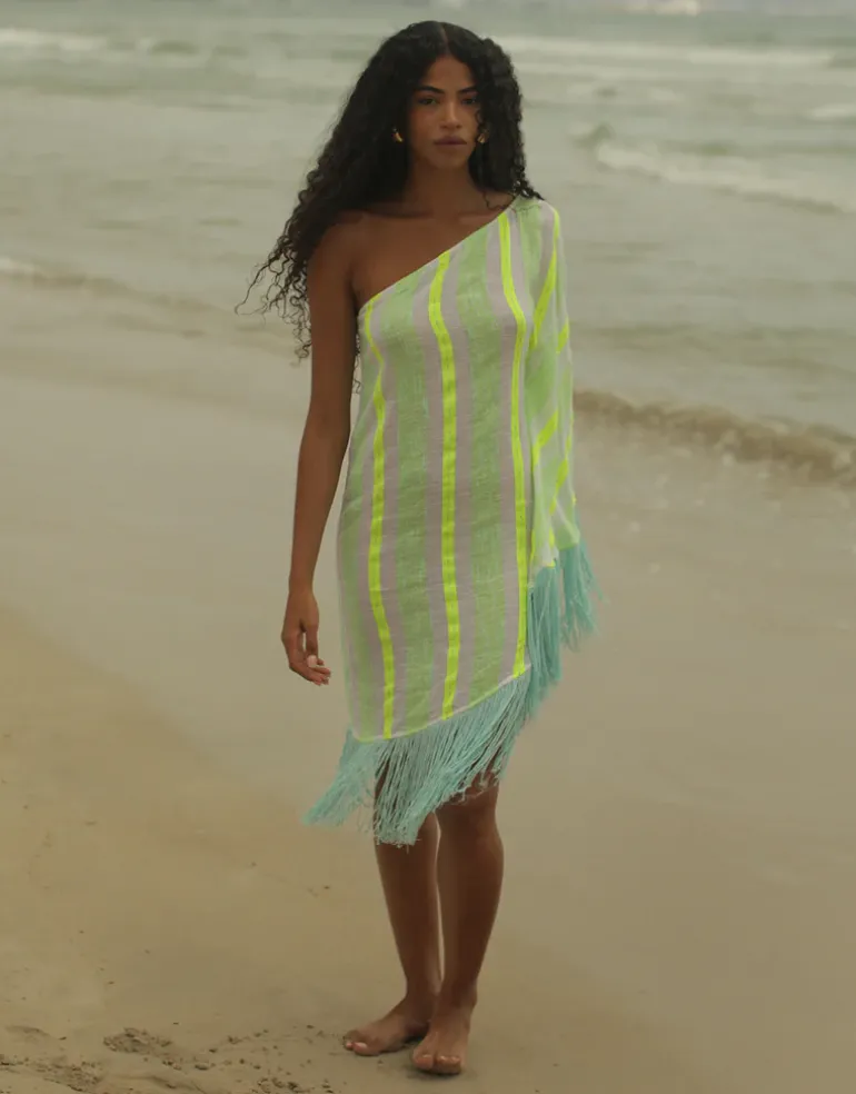 Fringed One Shoulder Kaftan - Neon Yellow