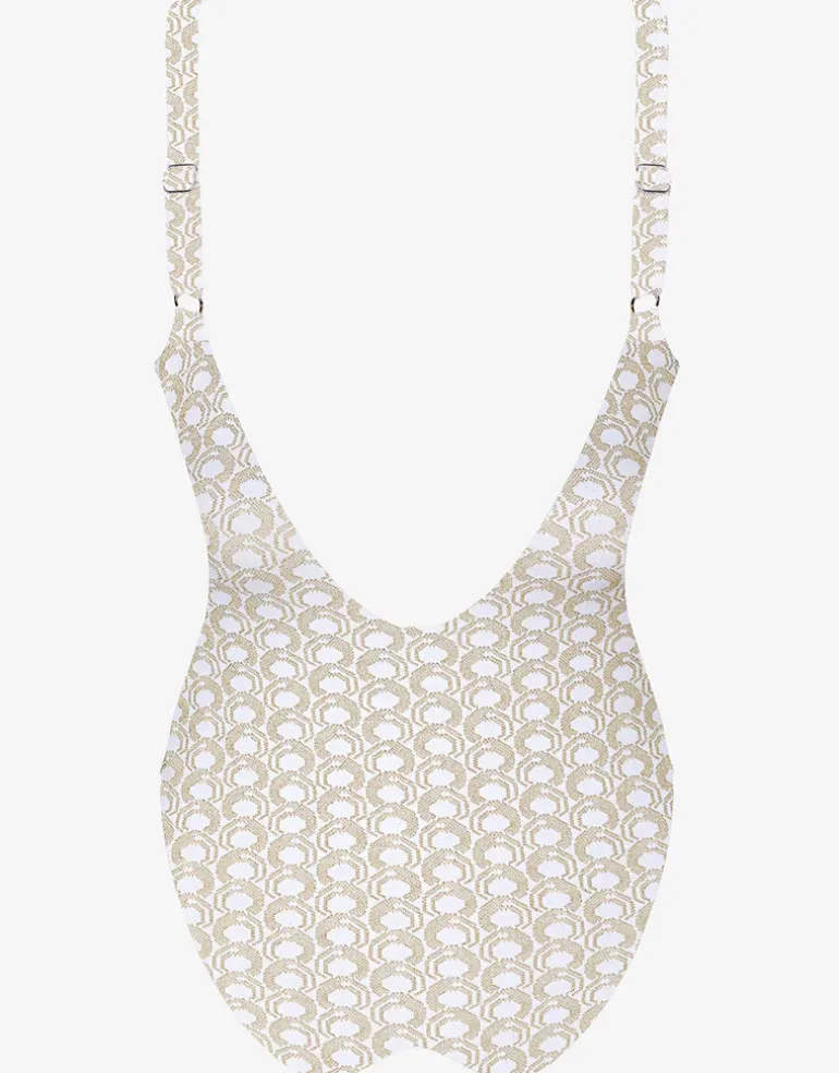 Indira Round Neck Swimsuit - White and Gold