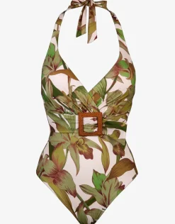 Journey Belted Halterneck Swimsuit - Cream Reed
