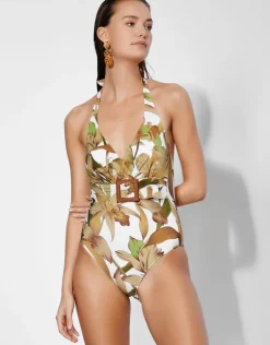 Journey Belted Halterneck Swimsuit - Cream Reed