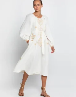 Lefkada Round Neck Midi Kaftan Dress - Natural and Gold