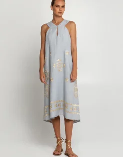 Lefkada Sleeveless Midi Dress - Light Grey and Gold