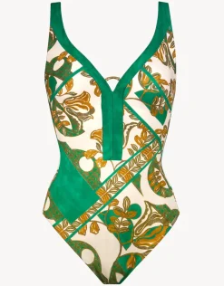 Perceptions Underwired Plunge Swimsuit - Cream and Green