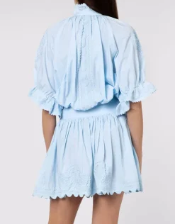 Poplin Blouson Dress with Ric-Rac Embroidery - Pale Blue