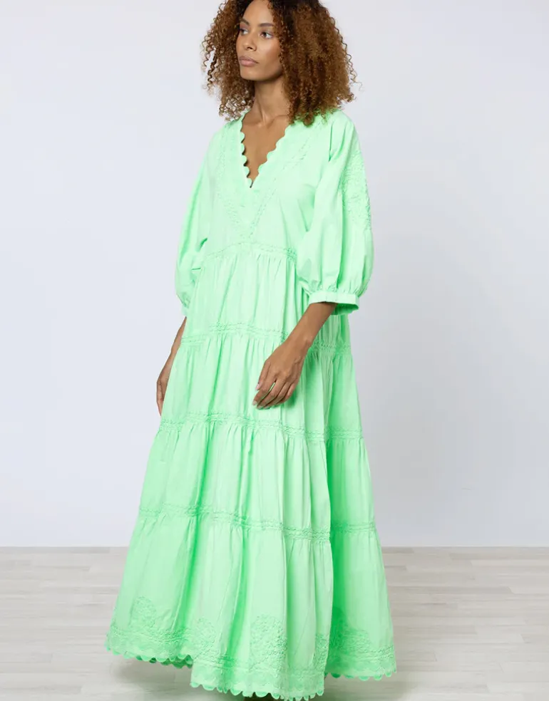 Poplin V-Neck Loose Maxi Dress with Ric-Rac - Apple