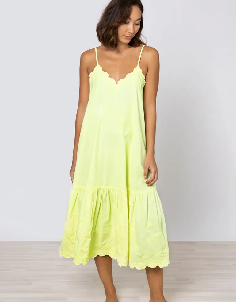 Poplin V-Neck Midi Dress with Cord Flower - Sherbet Lemon