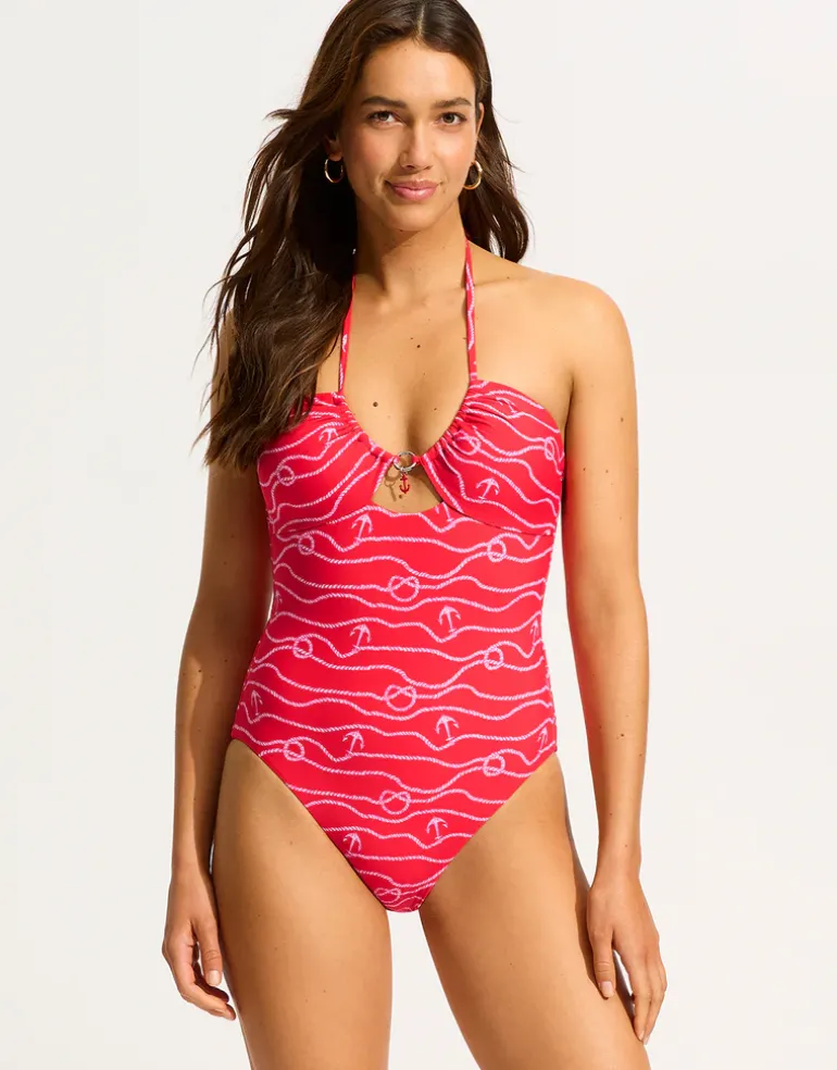 Set Sail Drawstring Halter Swimsuit - Chilli Red