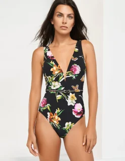 Siciliana Plunge Swimsuit - Black-Brights