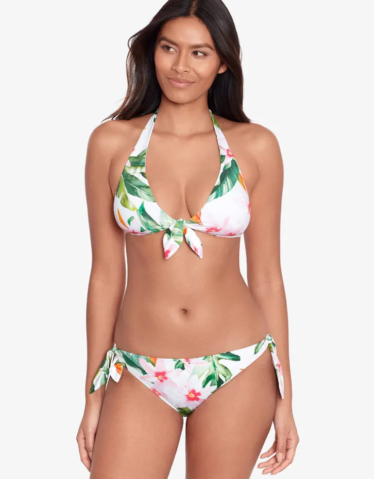 Watercolour Tropical Tie Front Halter Bikini Top - White Multi