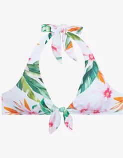 Watercolour Tropical Tie Front Halter Bikini Top - White Multi